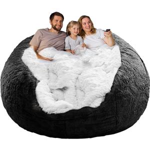 (No Filler Bean Bag Chair Cover Without Filler, Big Round Soft Fluffy PV Velvet Washable Bean Bag Lazy Sofa Bed Cover for Adults, Living Room Bedroom Furniture Outside,6ft Black