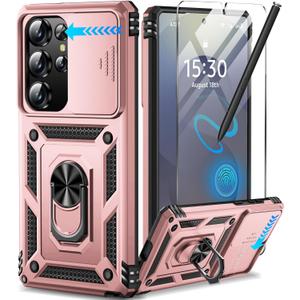 Taisairu for Samsung Galaxy S25 Ultra Case with Screen Protector & Slide Camera Lens Cover, Built-in Magnetic Ring Stand Shockproof Protective Phone Case for Samsung S25 Ultra Case (Rose Gold)