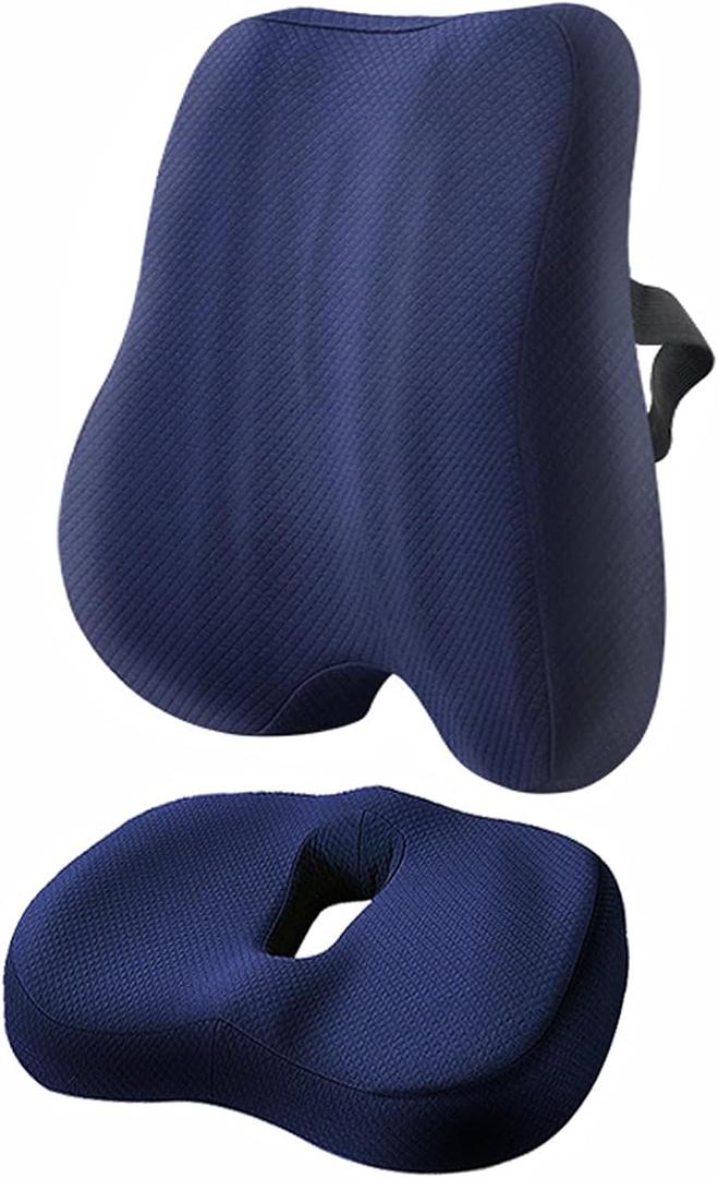 SOONHUA Seat Cushion and Lumbar Support Pillow Set for Office Chair, Memory Foam Back Support Pillow for Car Seat Gaming Chair, Ergonomic Pillow for Tailbone Sciatica and Back Pain Relief (Medium, Navy Blue)