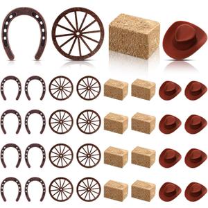 Junkin 32 Pieces Western Party Decorations 8 Mini Horseshoes 8 Simulated Haystack 8 Brown Miniature Cowboy Hats 8 Wooden Wheels for Cowboy Cowgirls Vintage Western Horseshoe Derby Party Supplies