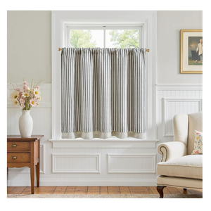 jinchan Double Layer Striped Linen Kitchen Tier Curtain Rustic Cafe for Living Room Bathroom Half Window Curtain 35x50 inches