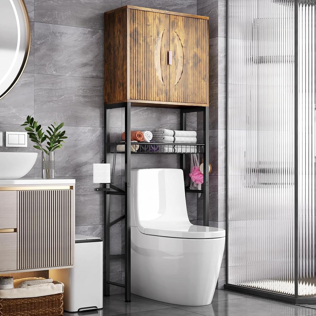 Kalrin Over The Toilet Storage Cabinet with Fluted Wave Doors and Adjustable Shelf, Wood Over Toilet Storage Rack with Drain Basket, Freestanding Bathroom Organizer for Balcony Laundry, Vintage Brown, 23.6 inches x 9.4 inches x 68 inches