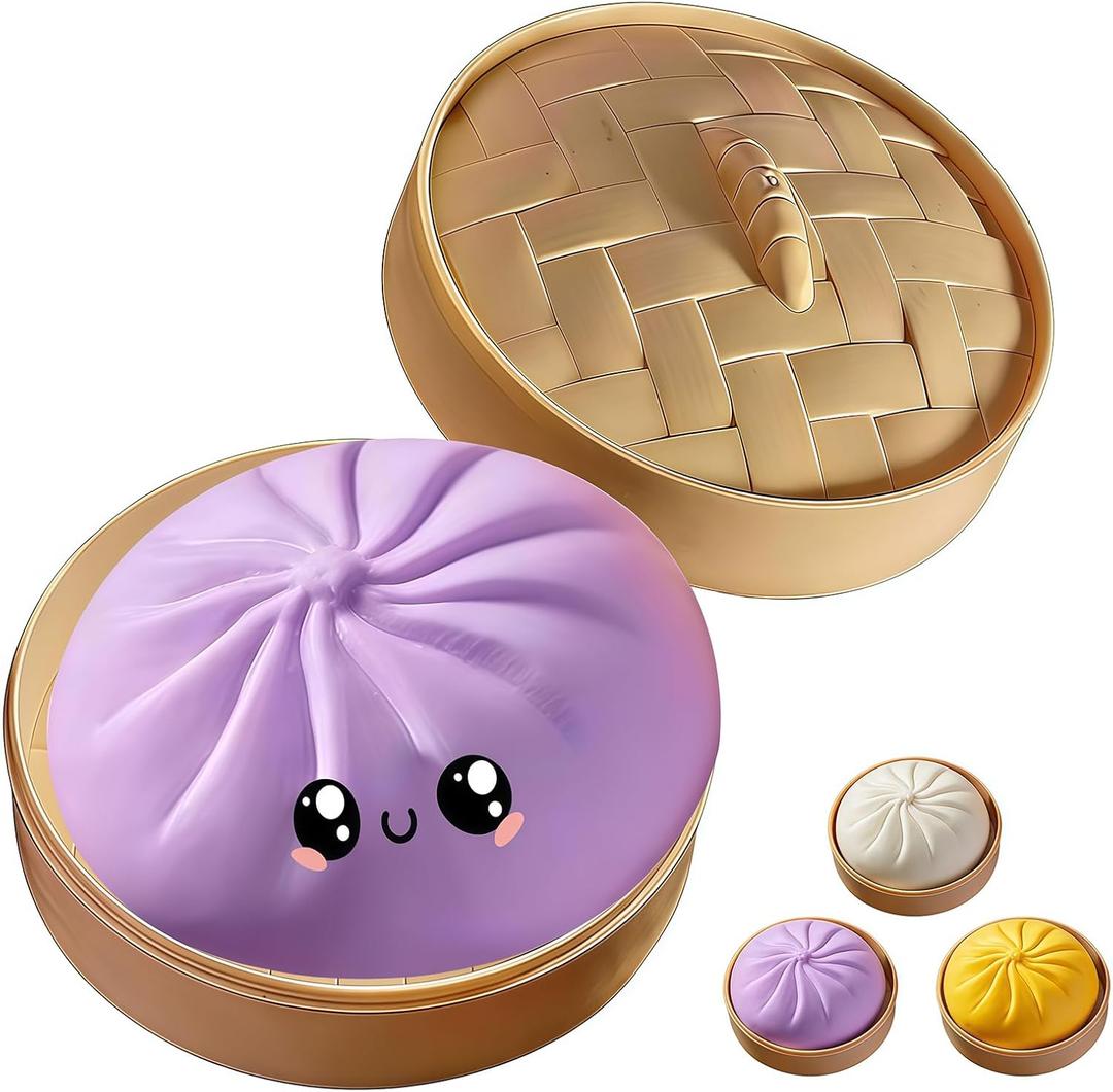Giant Glitter Dumpling,Giant Dumpling Squish-y,Cute Anxiety Relief Fidget Toy,Jumbo Squishy Toy with Steamer Box,Soft Squeeze Decompression Dough for Adults& Kids (Purple)