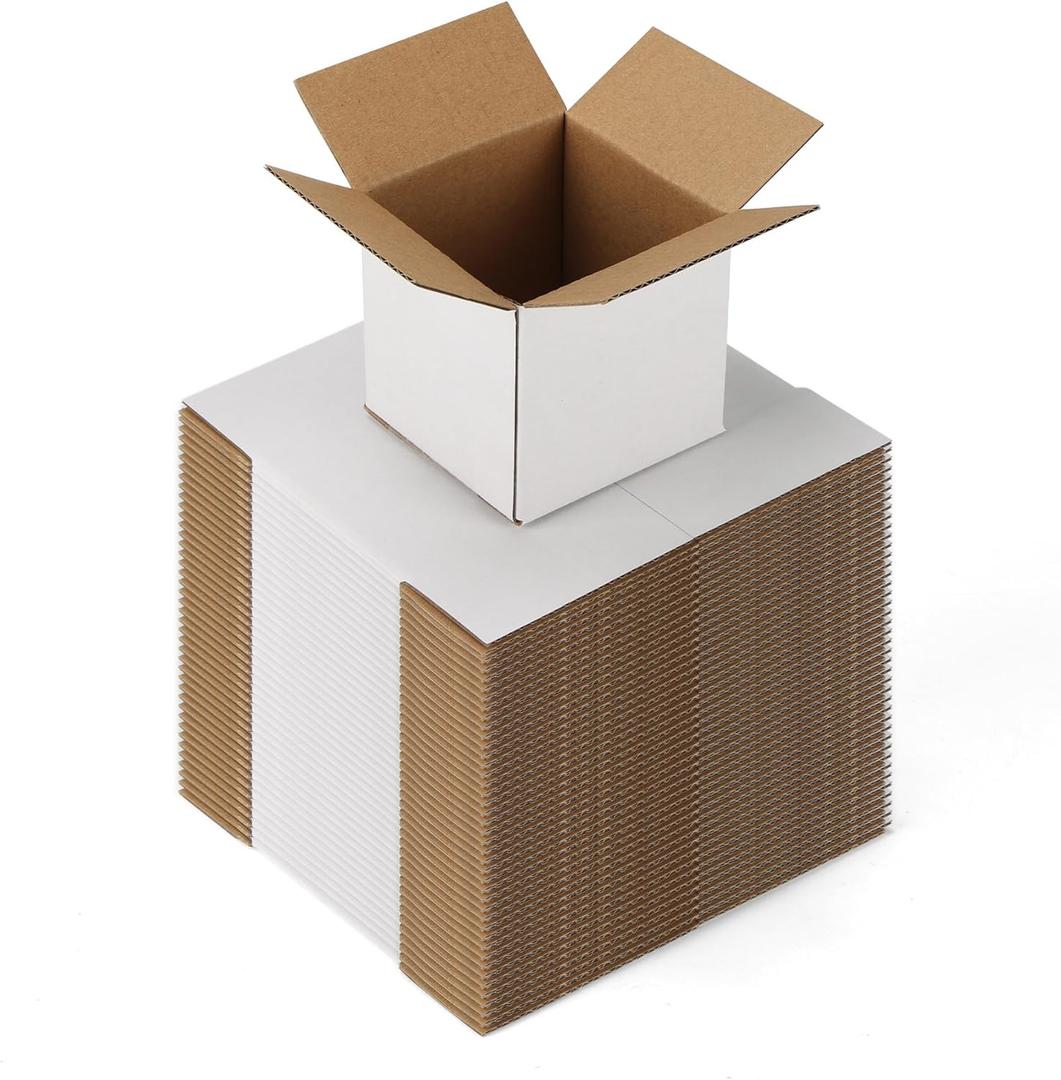 EXYGLO 50 Pack 3x3x3 Shipping Boxes for Small Business, White Corrugated Cardboard Small Box for Packaging, Moving, Mailing, and Storing