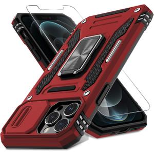 DEERLAMN Case for iPhone 13 Pro Max with Slide Camera Cover+Screen Protector(1 Pack),Rotated Ring Kickstand Military Grade Shockproof Protective Cover 6.7 Inch-Red