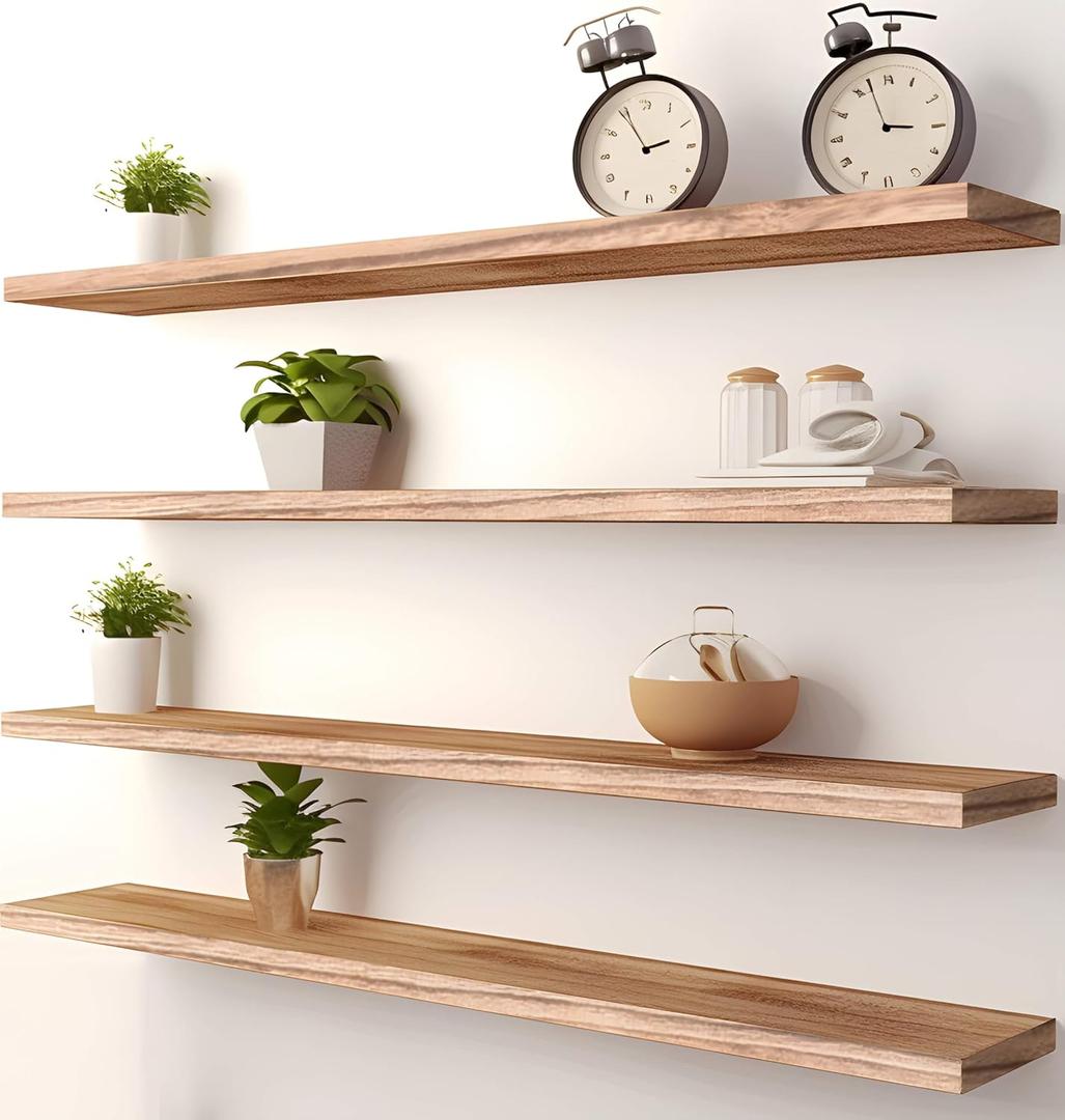 PHPH 36 Inch Wood Floating Shelves for Wall, Wooden Wall Shelves for Bedroom, Set of 4 Light Brown (36in, Light Wood)