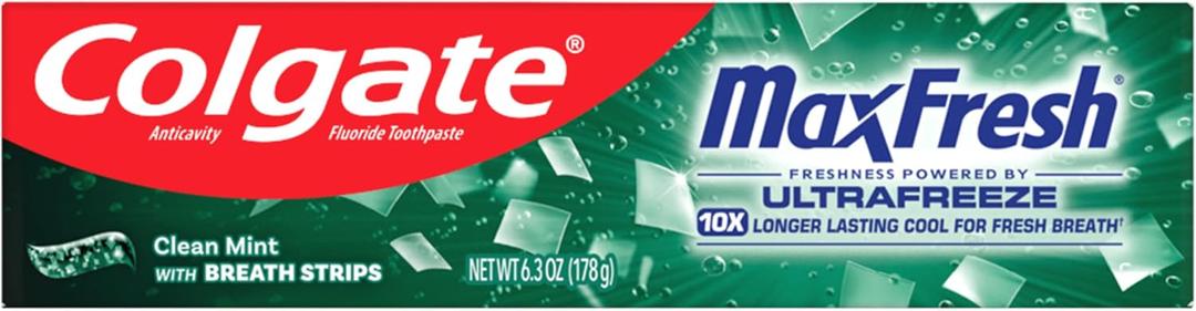 Colgate MaxFresh Clean Mint Fluoride Toothpaste, 6.3 oz | Fresh Breath Toothpaste with Mini Breath Strips, Fluoride Formulated, Leaves Mouth Feeling Refreshed for Hours
