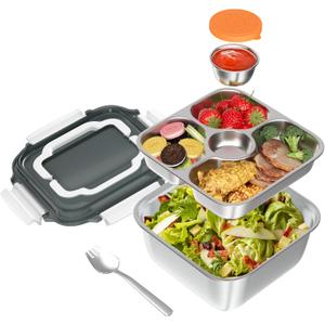 Salad Container for Lunch: 64oz Salad Bowl with Included Spork, 4-Section Bento Tray & Sauce Pot