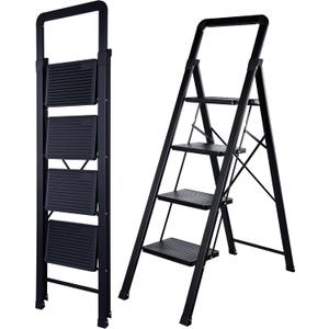 Step Ladder 4-Step Black Finish Iron Folding Ladders