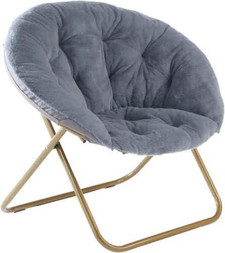 Sweetcrispy Comfy Saucer Chairs Folding Cozy Faux Fur Living Room Reading Lounge Chair with Soft Thick Padded Seat & Metal Frame Modern Style Bedroom Home for Kids Adults, X-Large - Grey