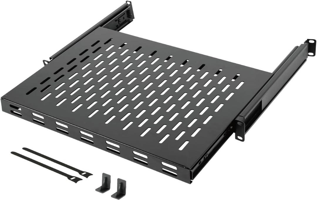 Tecmojo 1U Sliding Rack Shelf,4-Post Vented Rack Mount Shelf,13.8in Deep with Adjustable Mounting Depth 13.8-19.7in,Supports to 110lbs,for 19 Inch AV/Network Equipment Rack,Unassembled,Black
