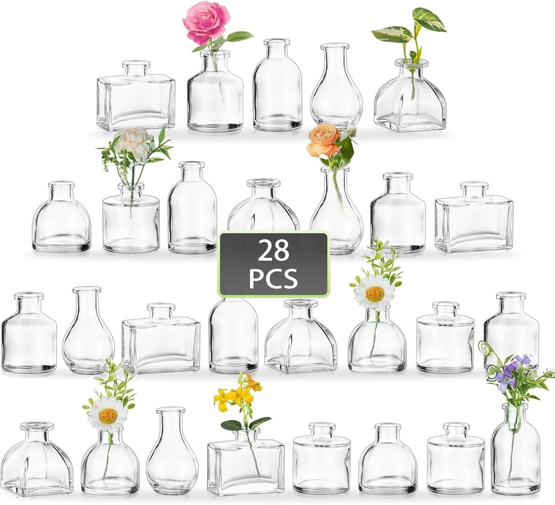 Hewory Mini Bud Vases for Centerpieces: 28pcs Small Glass Vase Bulk - Clear Tiny Vases for Wedding Baby Shower Birthday Party Events Table Decor
