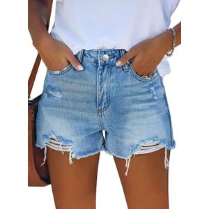MINGALONDON Women's Denim Shorts Mid Waist Ripped Distressed (Extra Large, B-light Blue)