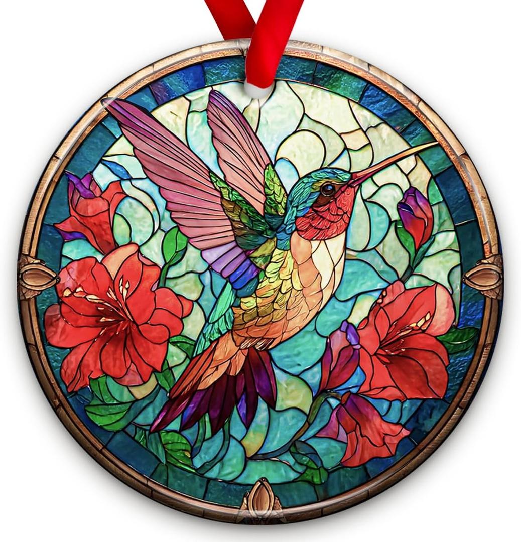 Hummingbird Christmas Ornaments 2025 - Hummingbird Gifts for Women, Friends, Bird Lovers - Hanging Decor for Xmas Tree, Floral Art Glass Decorations, Bird Ideas