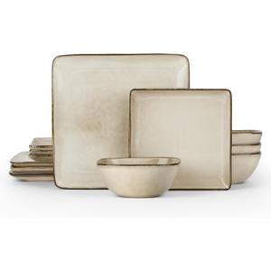 E-far Square Plates and Bowls Sets, 12-Piece Stoneware Dinnerware Sets for 4, Reactive Glaze Dish Set, Chip and Scratch Resistant, Microwave and Dishwasher Safe, Sandy Beige