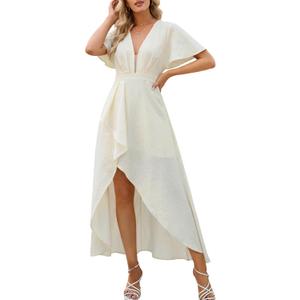 Womens Summer Short Sleeve V Neck Maxi Dress High Low Split Long Flowy Dresses Formal Cocktail Wedding Guest Dresses (XL)