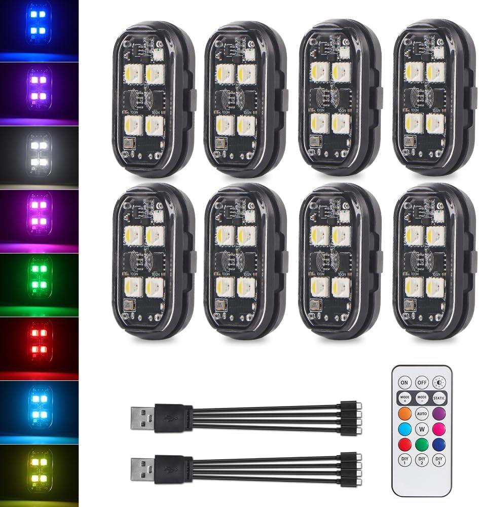 Wireless LED Strobe Lights with Remote Control, 2025 New Upgrade 4LED 8 Colors Waterproof Anti-Collision Led Warning Light USB Charing LED Lights for Car Drone Truck Motorcycle Aircraft Bike - 8PCS