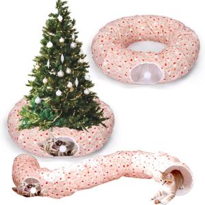 Leyndo 37 x 10 Inches Christmas Santa Cat Tunnel Bed Under Christmas Tree with Central Mat for Xmas Tree Skirt Warm Soft Cat Tube in Red Green Multifunctional Decorative Bed