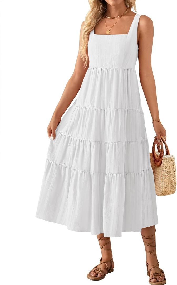 ZESICA Women's Summer Sleeveless Dress Casual Backless Loose Flowy Tiered Sundress Beach Cover up Tank Dresses (X-Large, White)