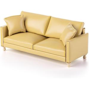 Minamzee1:12 Dollhouse Leather Couch, Miniature Modern Double Sofa with Pillows, Dollhouse Luxury Couch Furniture Accessories for Living Room Bedroom (Yellow)
