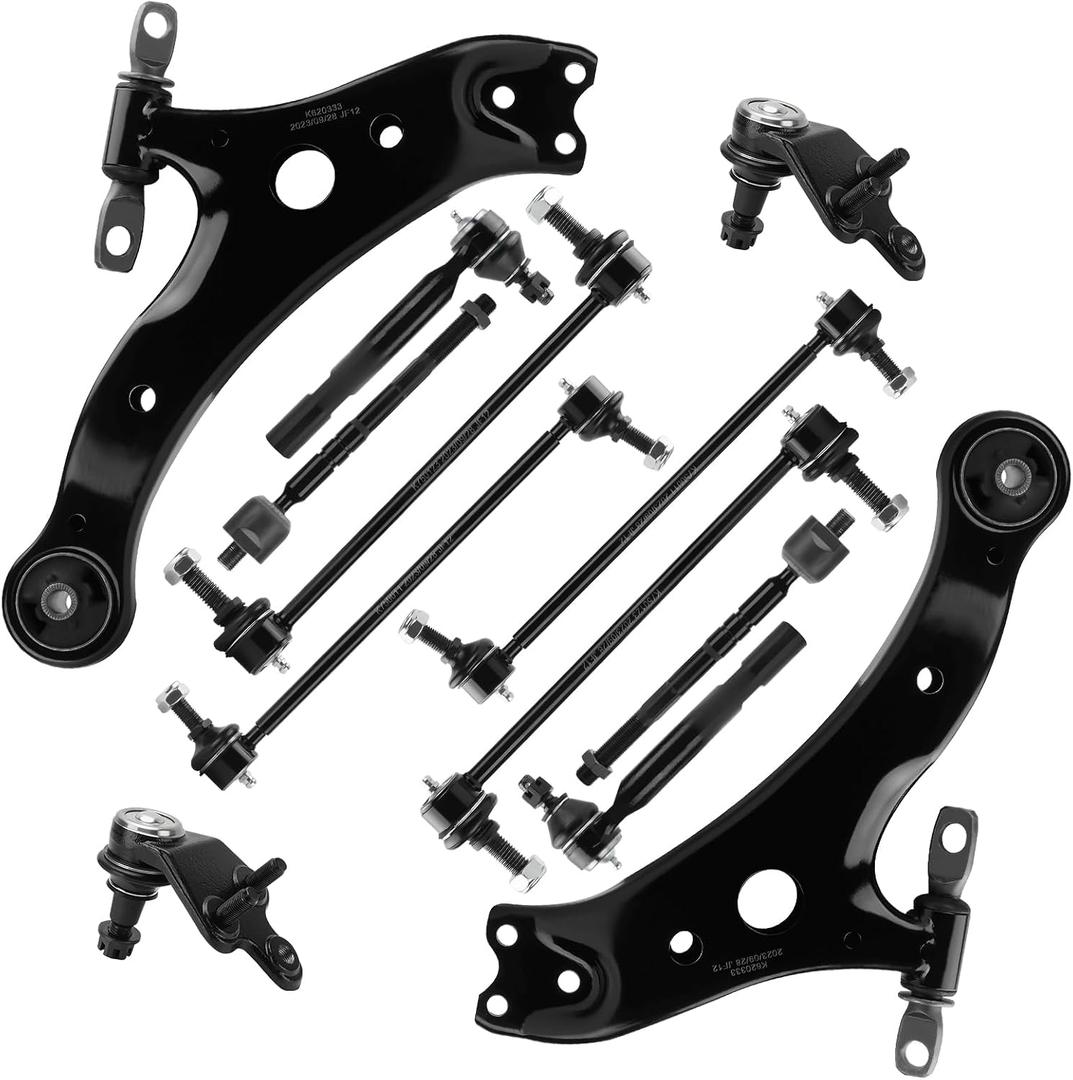 Front Lower Suspension Control Arm Kit w/Ball Joints Tie Rods + Sway Bar Fit for Toyota Camry (USA Built Models Only) 2007 2008 2009 2010 2011, Replace K620334, K620333, K500044, K500043, 12PCS