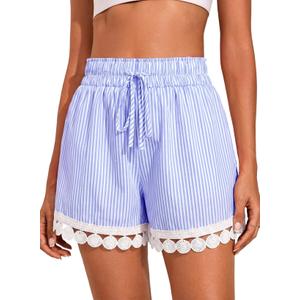 Dokotoo Women's Shorts Fashion Lace Trim Drawstring Elastic Waist Sky Blue Short Stripe Pants Lightweight Loose Athletic Beach Vacation Clothes for Women, XX-Large
