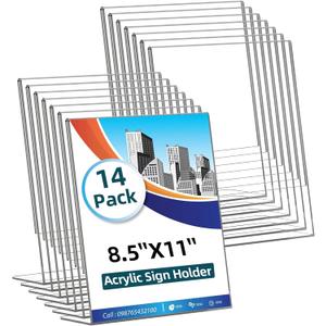 14 Pack Acrylic Sign Holder 8.5x11 Inches, Clear Tabletop Plastic Paper Display Stand, L-Shape Vertical Menu Holder Stand, Photo Picture Frame Flyer Display Stand for Restaurants, Store,Office Desktop