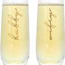 Mr&MrsGifts Hubby and Wifey Champagne Glasses Set of 2 - Stemless Crystal Flutes for Wedding/Anniversary, 10oz Lead-Free Elegant Toasting Cups, 24K Gold Logo, Romantic Gift for Him & Her(A:HW)