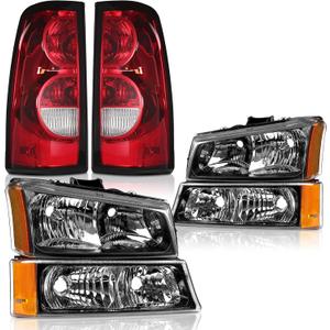 Headlights Tail Lights Assembly Combo Compatible with 2003-2006 Chevy Silverado 1500 2500 3500, 07 Silverado Classic Black Housing Amber Corner Headlamp+ Red Taillights Rear Brake Lamp