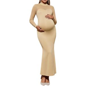 OYOANGLE Women's Maternity Dress Mock Neck Long Sleeve Bodycon Fishtail Maxi Dresses (Beige, M)