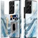 LETO Galaxy S21 Ultra Case,Flip Folio Leather Wallet Case Cover with Fashion Designs for Girls Women,Card Slots Protective Phone Case 6.8" Opal Blue Marble