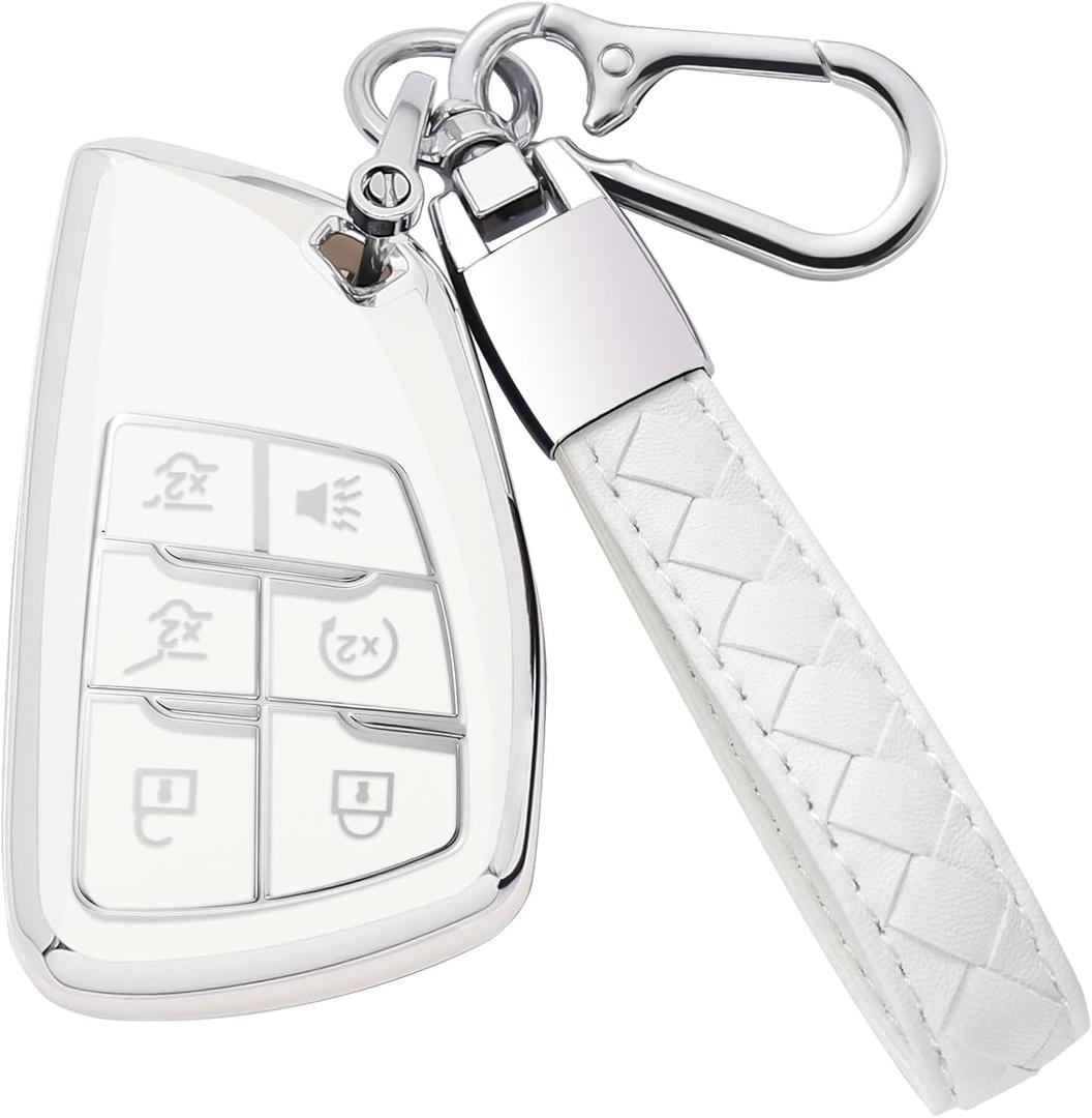 for Chevy Key Fob Cover with Keychain Soft TPU Key Case Shell Holder Fits for 2021 2022 2023 Chevrolet Suburban Tahoe Silverado 1500, for GMC Yukon Sierra, for Buick Encore 6 Button (B White)