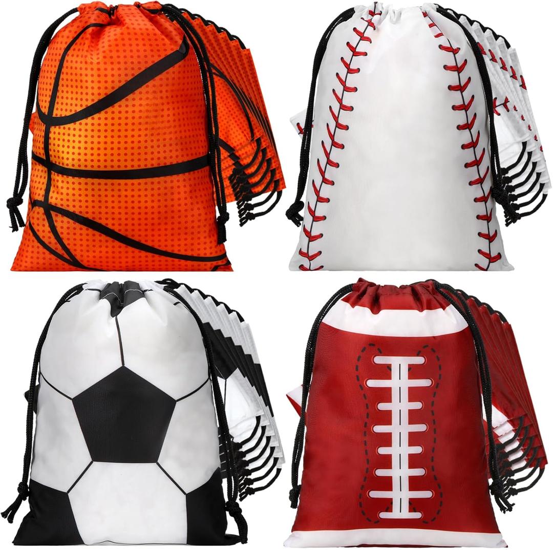 Berlune 24 Pcs Sports Party Favors Bags 7 * 10 inch Small Drawstring Gift Bag Football Baseball Basketball Soccer Goodie Treat Snack Gift Bags Bulk for Sports Themed Birthday Party Decorations, Team