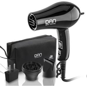 Dan Technology Compact Travel & Portable Mini Hair Dryer - Blow Dryer with Concentrator & Diffuser, European Plug (Small, Black)