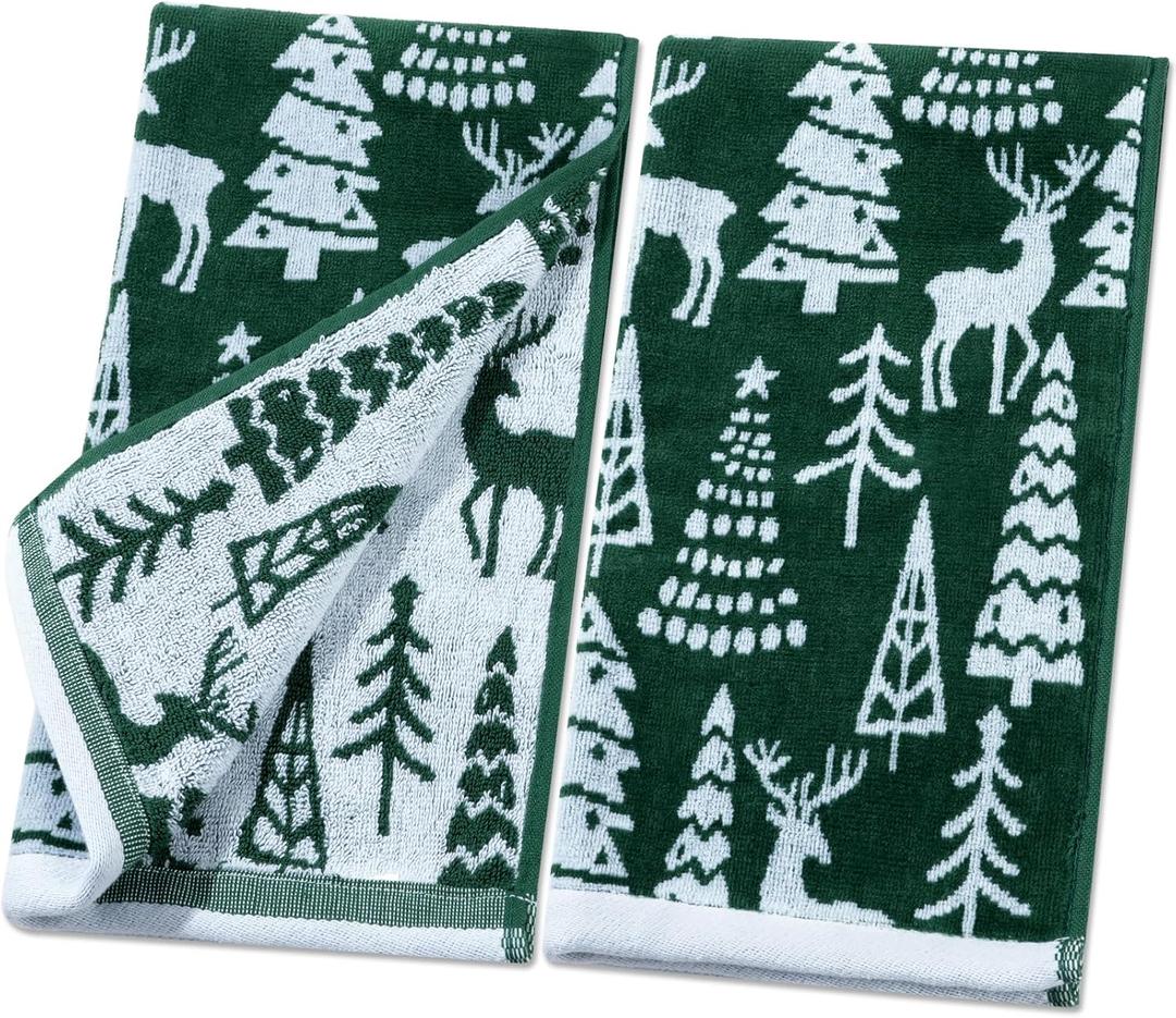 Shemilly 2pcs Christmas Hand Towels Green Elk Christmas Tree Jacquard Hand Towel for Bath 100% Cotton Thick Soft Bathroom Kitchen Decorative Set for Xmas Winter Holiday Decor Gift,16 x 27 Inch