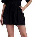 Women's Summer Short Rompers Boho Solid Color Jumpsuit V neck Button Short Sleeve Belt Jumpsuit With Pockets, Small