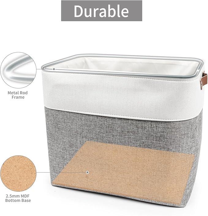 Large Fabric Storage Baskets | 50L Storage Bins, Decorative Linen Closet Baskets with Handles for Organizing, Shelf, Toys, Clothes, Home, Office, Nursery, 17x12x15Inches (Grey&White) 1 Pack Only