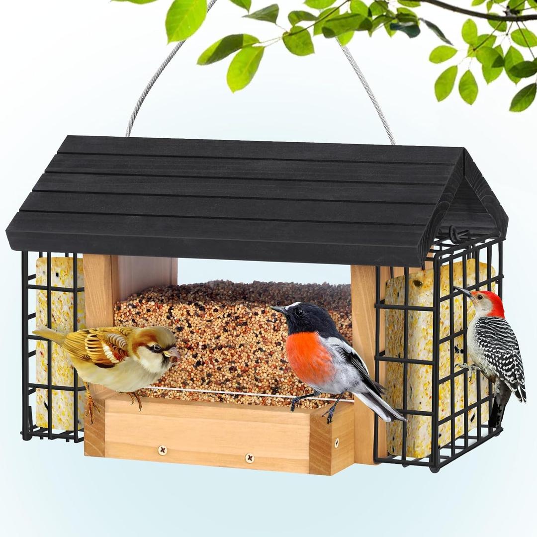 Gbekery Hopper Bird Feeder for Outdoors Hanging, Wooden Bird Feeder with Double Suet Cage and Large Seed Capacity, Cedar Wood Suet Feeder with Weatherproof Roof, Garden Decoration