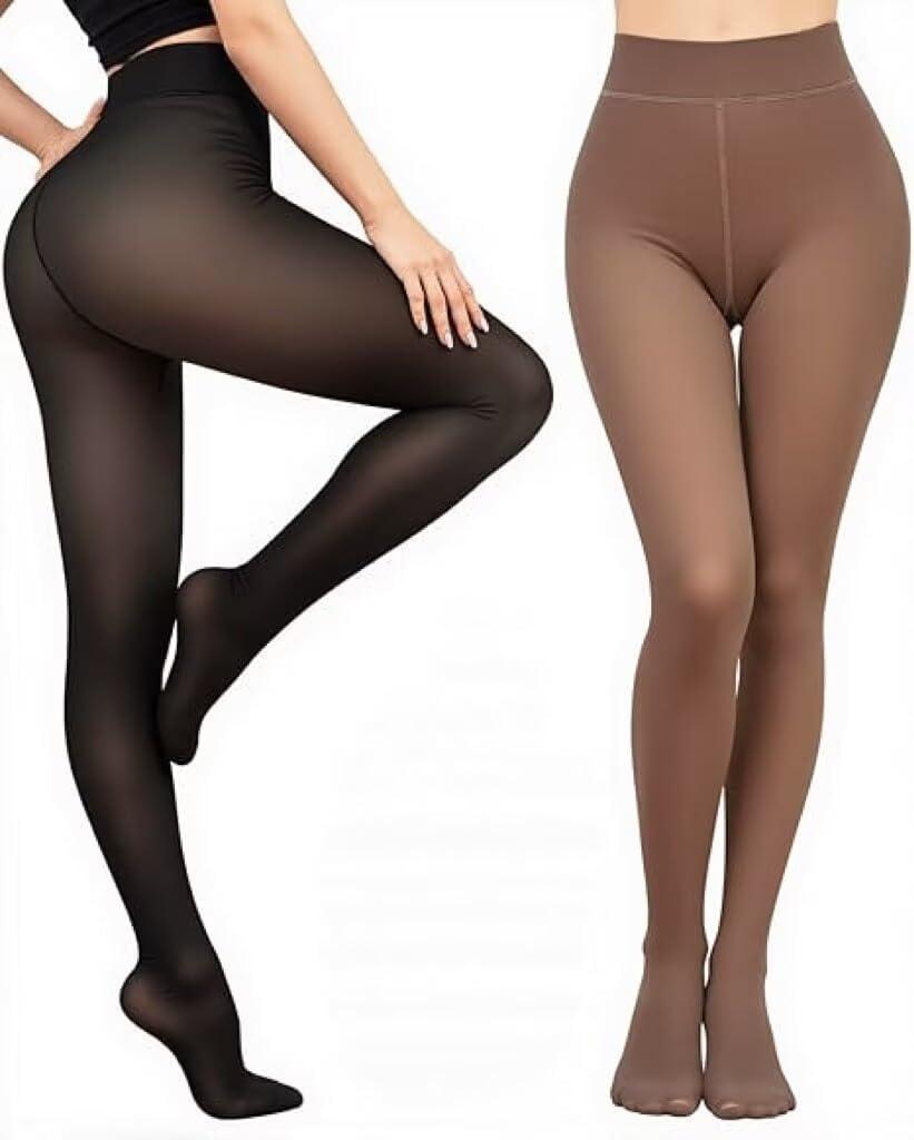 YSense 2 Pairs Fleece Lined Tights Women Fake Translucent Leggings High Waist Warm Thermal Pantyhose for Winter (Large, Black Khaki)