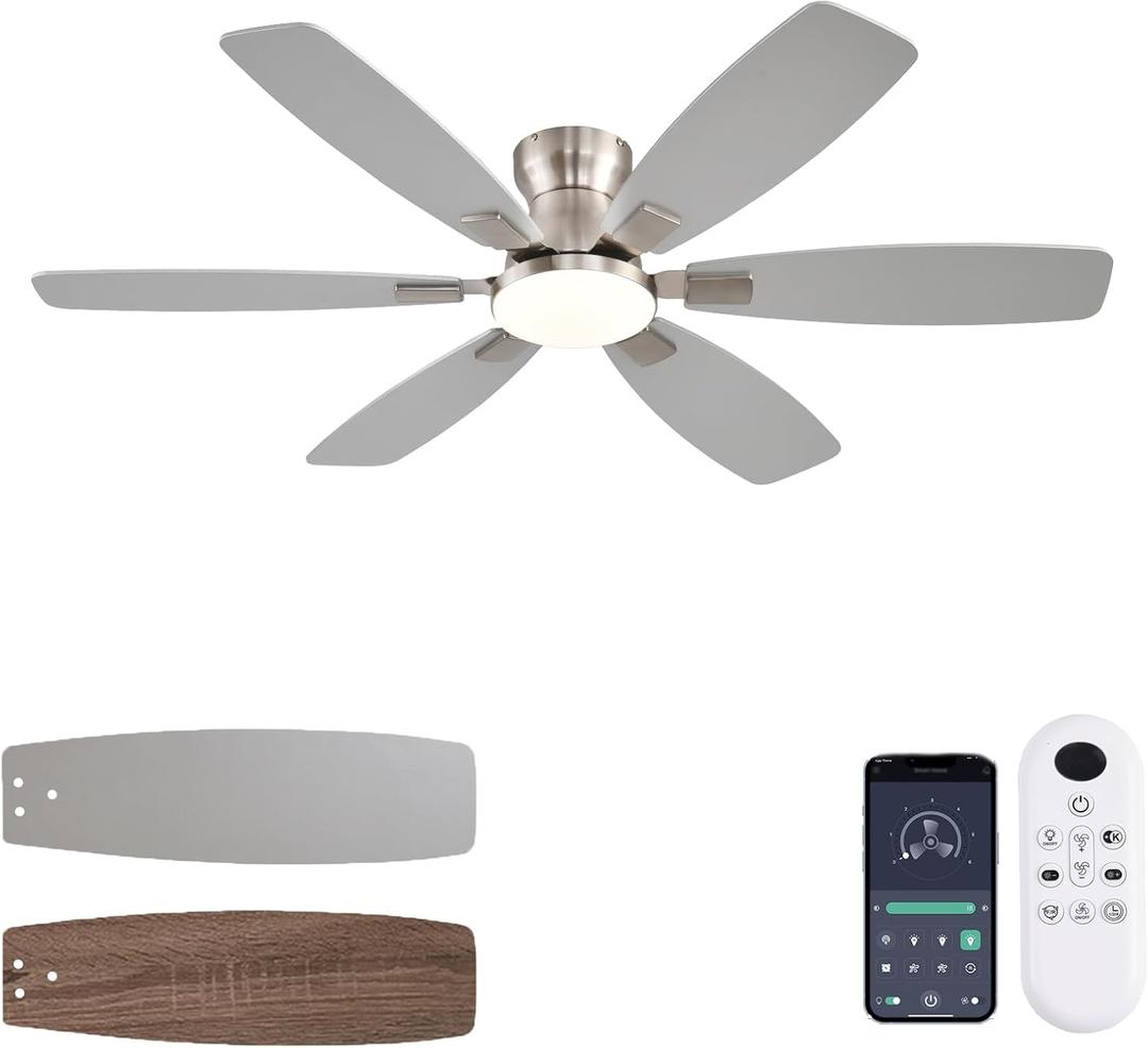 Ceiling Fans with Lights, 52 Inch Low Profile Ceiling Fan with Light and Remote Control, Flush Mount, Reversible, 3CCT, Dimmable, Quiet, Nickel Ceiling Fan for Bedroom Indoor/Outdoor Use