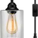 Plug in Pendant Glass Hanging Light, Industrial Mini Pendant Lighting with Glass Shade, Adjustable Farmhouse Hanging Lamp with Plug in Cord, Black Pendant Lighting for Kitchen Island