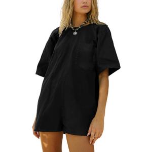 LTSCNRM Tee Rompers for Women Oversized Jumpsuits Overalls One Piece Hot Shot Short Sleeve Back U Neck Pockets Activewear (Large, Black)