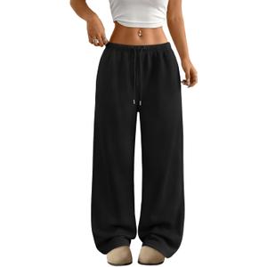 Trendy Queen Women's Wide Leg Sweatpants Baggy Drawstring Low Rise Lounge Pants 2026 Fall Joggers with Pockets (X-Large, Black)