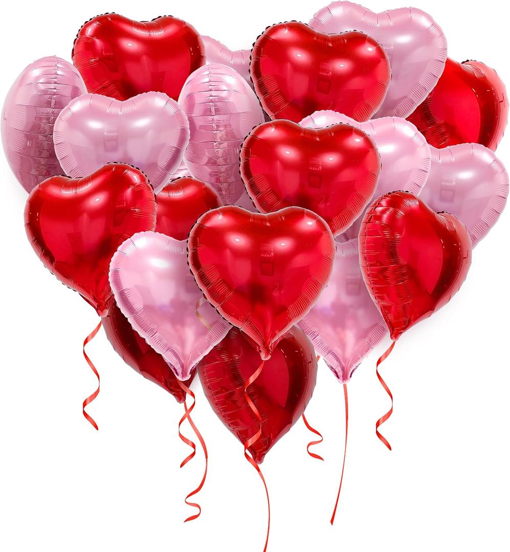 Pink Red Heart Balloons - 20 Pcs 18 Inch Valentine's Day Heart Shaped Foil Balloons for Valentines Day Decor Galentines Day Decorations Engagement Wedding Birthday Party Supplies