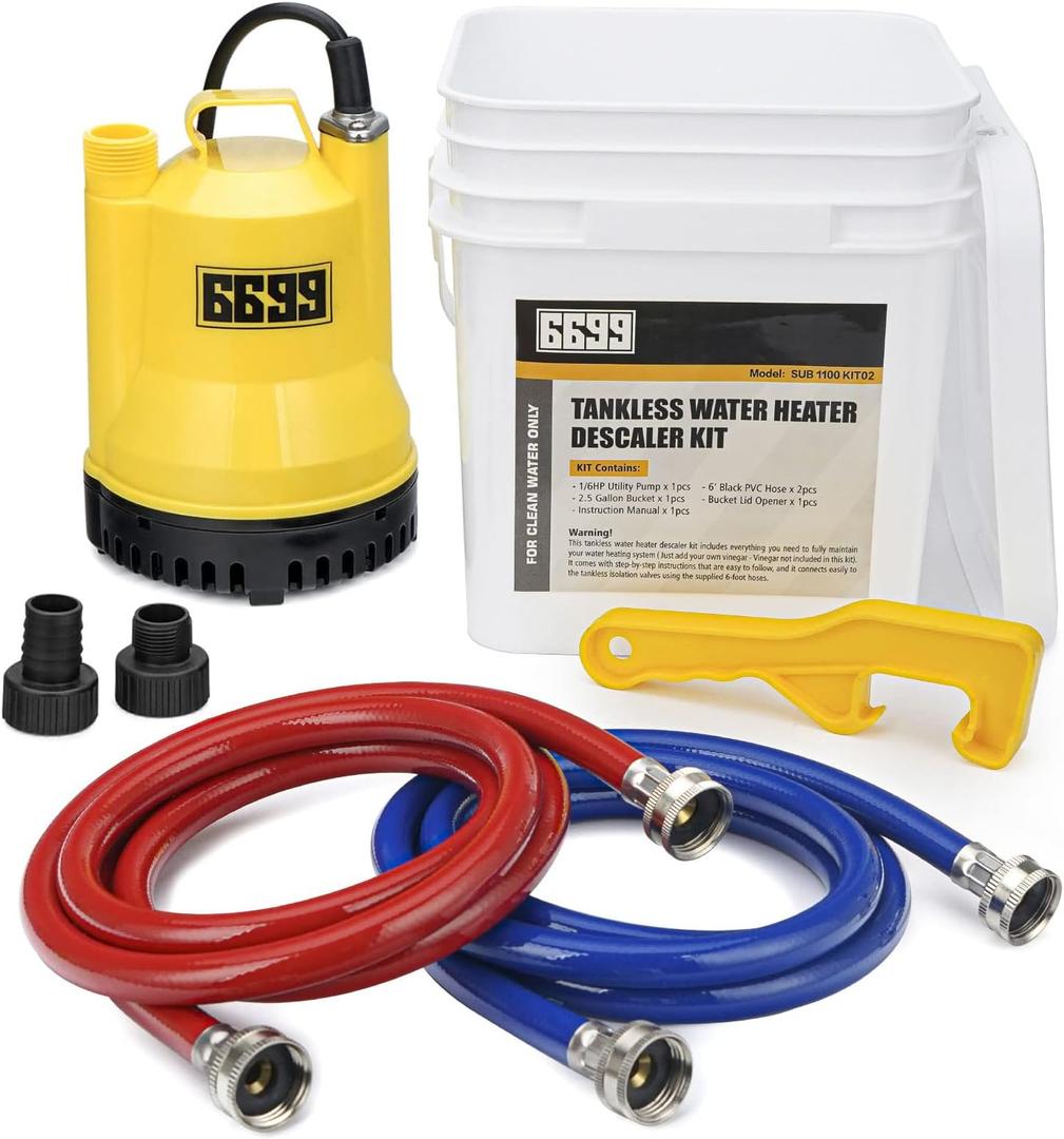 Tankless Water Heater Flushing Kit Includes 1/6HP Submersible Sump Pump with Two Adapters & 3 Gallons Pail with Bucket Lid Opener & Two 1/2 Dia X 6 PVC Hoses with Washers