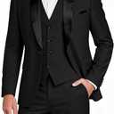 Men's Slim Fit 3-Piece Tuxedo Set, One Button Shawl Collar Jacket Vest Pants for Party, Business and Wedding (Black, L)