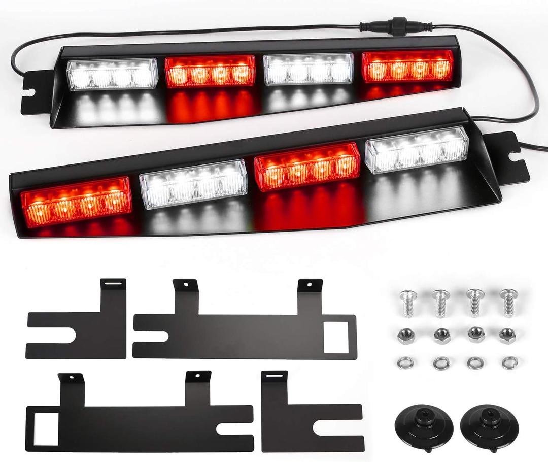 ASPL 32LED Visor Lights 26 Flash Patterns Windshield Emergency Hazard Warning Strobe Beacon Split Mount Deck Dash Lamp With Extend Bracket (Red/White/Red/White)