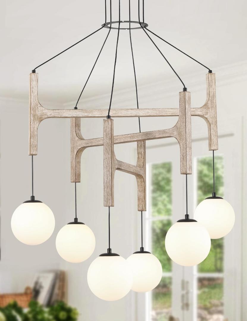 Large Rustic Antique White Wood Chandeliers for Dining Room Light Fixture Over Table Hanging, 6-Lights Farmhouse Milk Glass Globe Chandelier for Stairwell Kitchen Island Living Foyer Bedroom