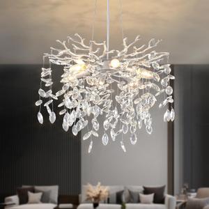 EGM 18-Inch Silver Crystal Chandeliers for Dining Room, Modern Crystal Chandelier for Bedroom, 6-Light Silver Tree Branch Chandelier for Living Room, Raindrop Leaf Chandeliers for Home Dcor, E12