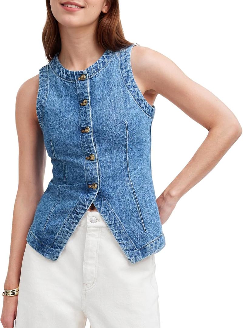 Women's Denim Vest Sleeveless Button Down Casual Jean Crewneck Waistcoat Denim Top (L)